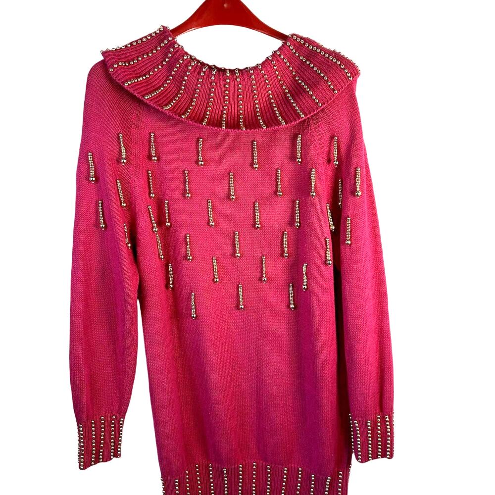 SKU 2014 Vintage Vilxi International Pink Sweater Gold Ball Trim women's top